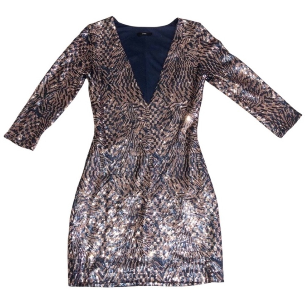 Cocktail Dress S/XS Deep V Neckline Sequines Party Bodycon Blue Shimmer Metallic